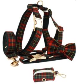 Christmas Pet Collar Plaid With Green Background Dog Rope Leash Suit (Option: Set Of Five-L)